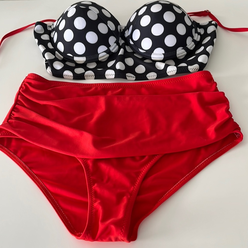Polka dot navy red white two piece swimsuit size large